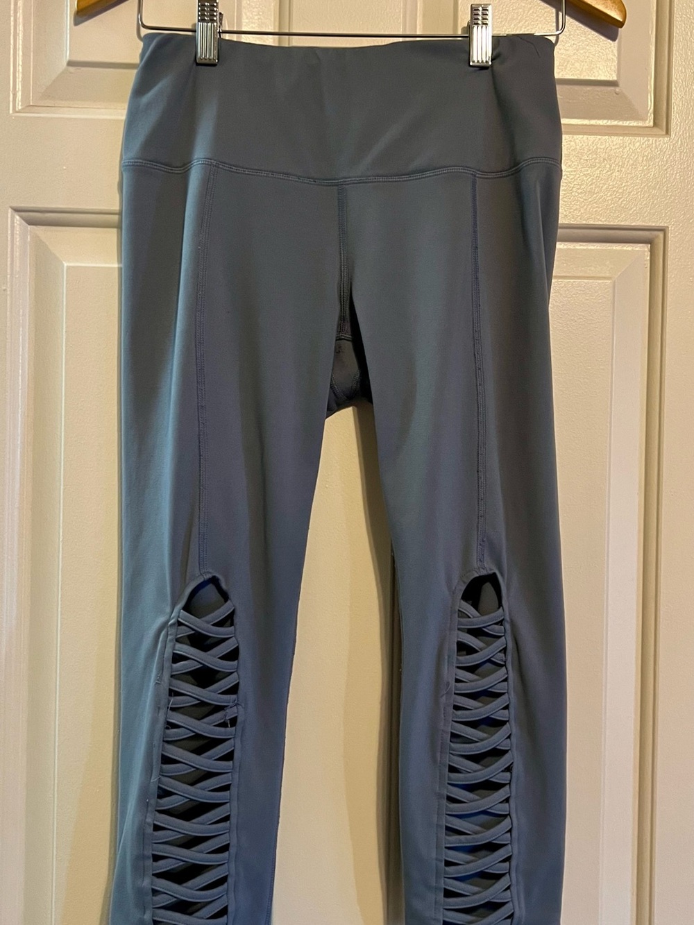 Slate Blue Lattice Strappy Laser Cut Out High Waisted Crop Leggings - Size M